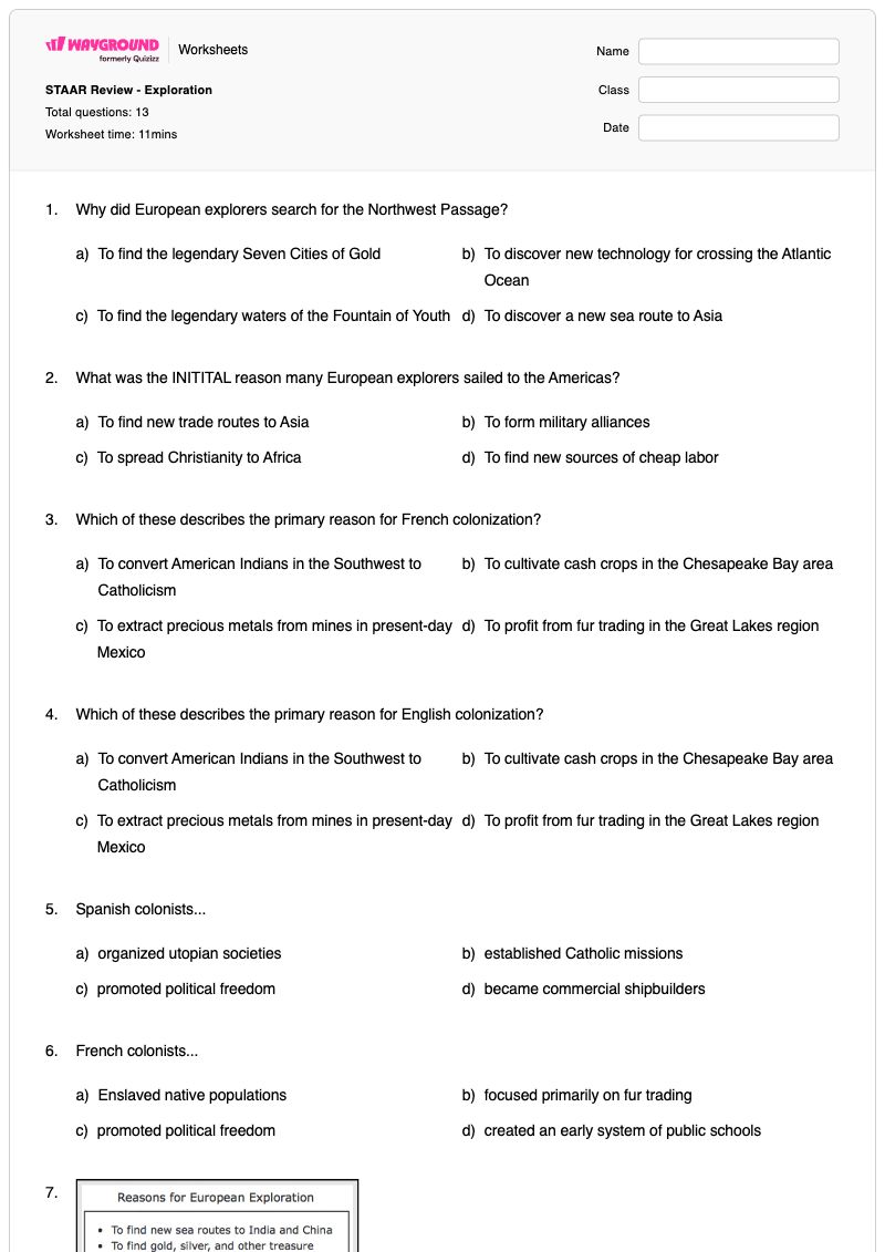 STAAR Review - Exploration - Printable European-colonization-of-the-americas Worksheets Year 8 - Wayground