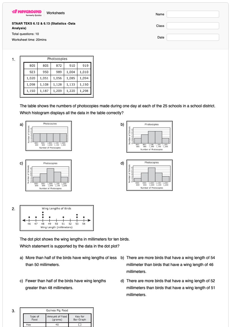 STAAR TEKS 6.12 & 6.13 (Statistics -Data Analysis) - พิมพ์ได้ การทำนายในการวิเคราะห์ข้อมูล เวิร์กชีท - Wayground