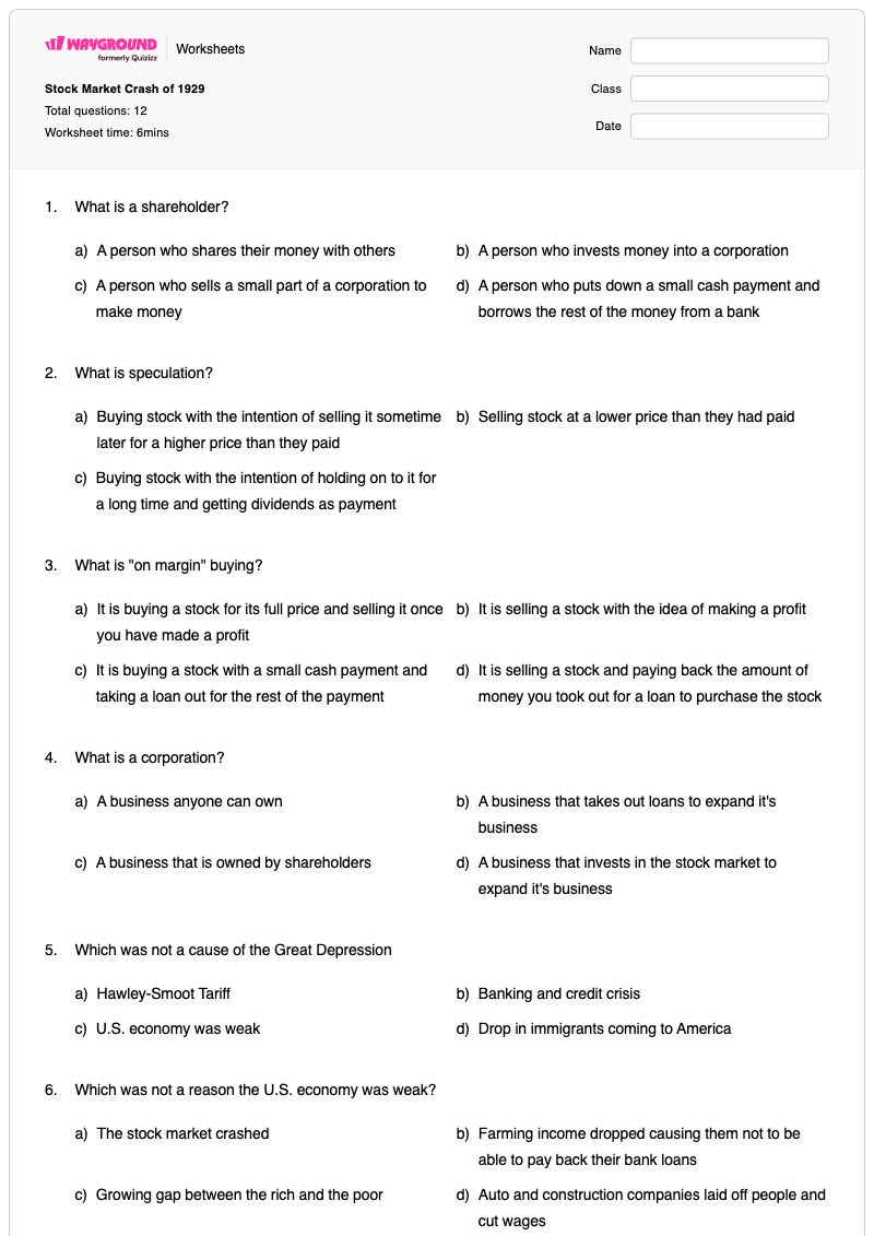 Stock Market Crash of 1929 - Printable Stock-market Worksheets - Wayground