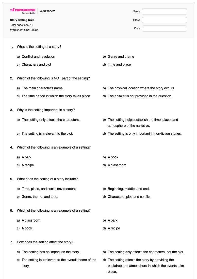 Story Setting Quiz - พิมพ์ได้ Describing-a-setting เวิร์กชีท ระดับ 4 - Wayground