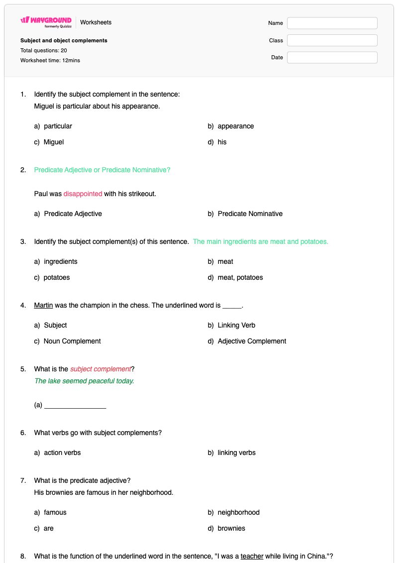 Subject and object complements - พิมพ์ได้ ส่วนเติมเต็มของหัวข้อ เวิร์กชีท - Wayground