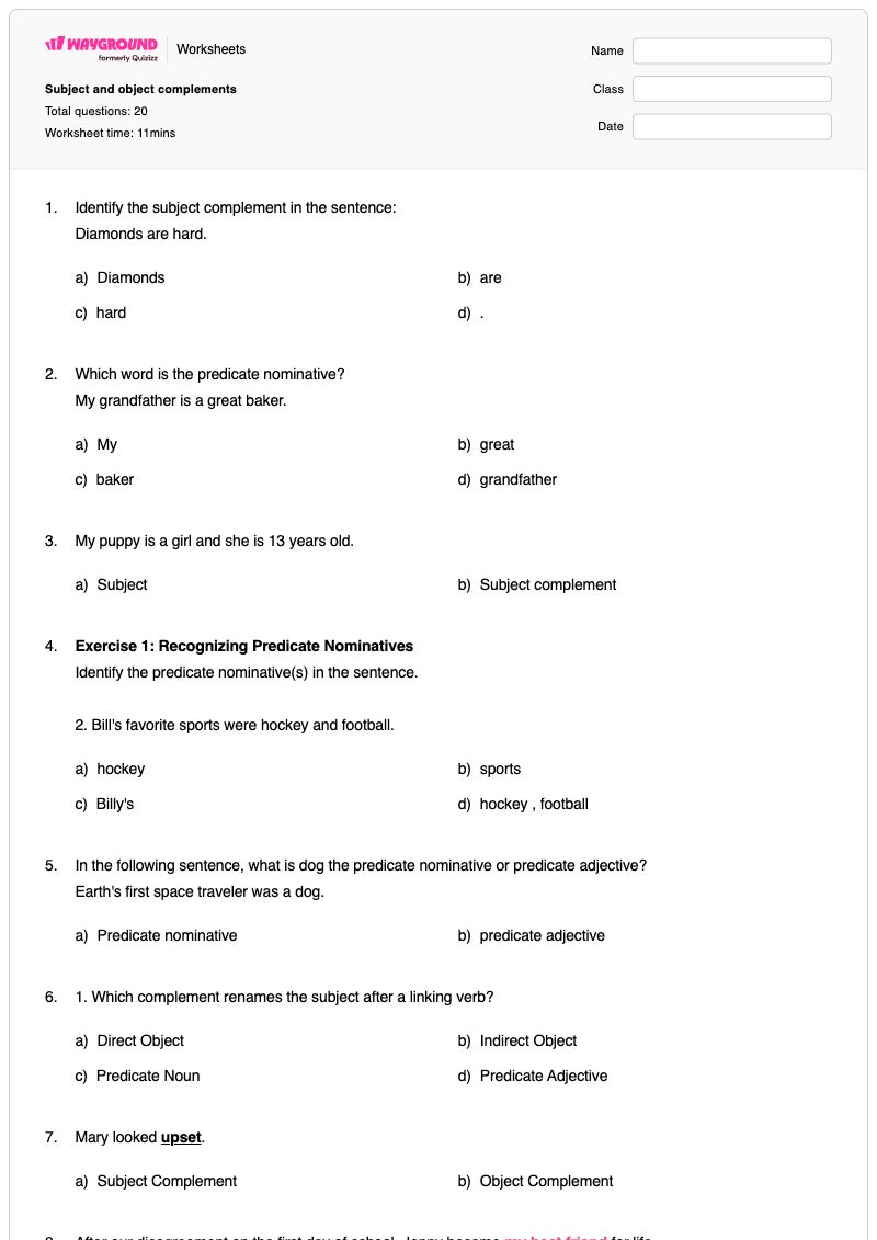 Subject and object complements - พิมพ์ได้ Subject-complements เวิร์กชีท - Wayground