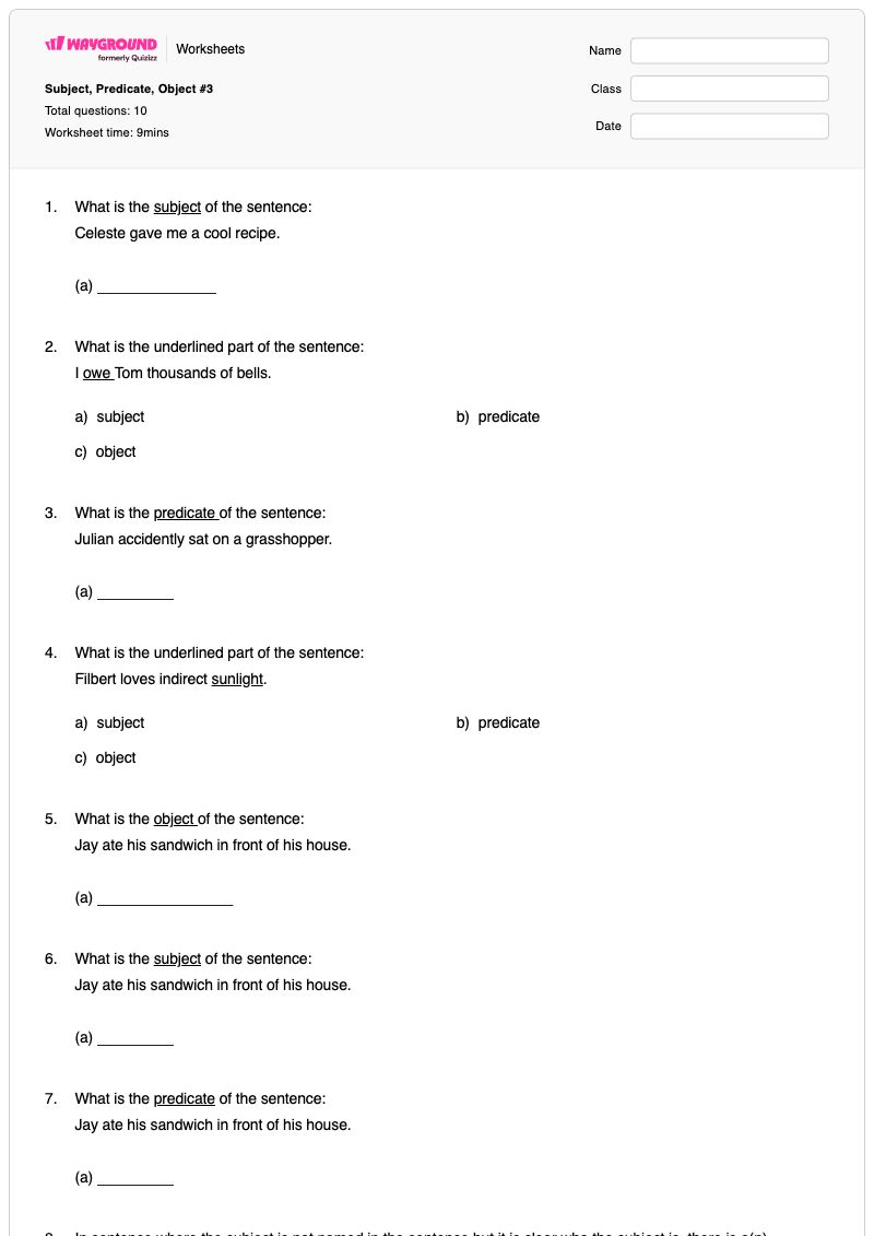 Subject, Predicate, Object #3 - พิมพ์ได้ Subject-complements เวิร์กชีท ระดับ 9 - Wayground