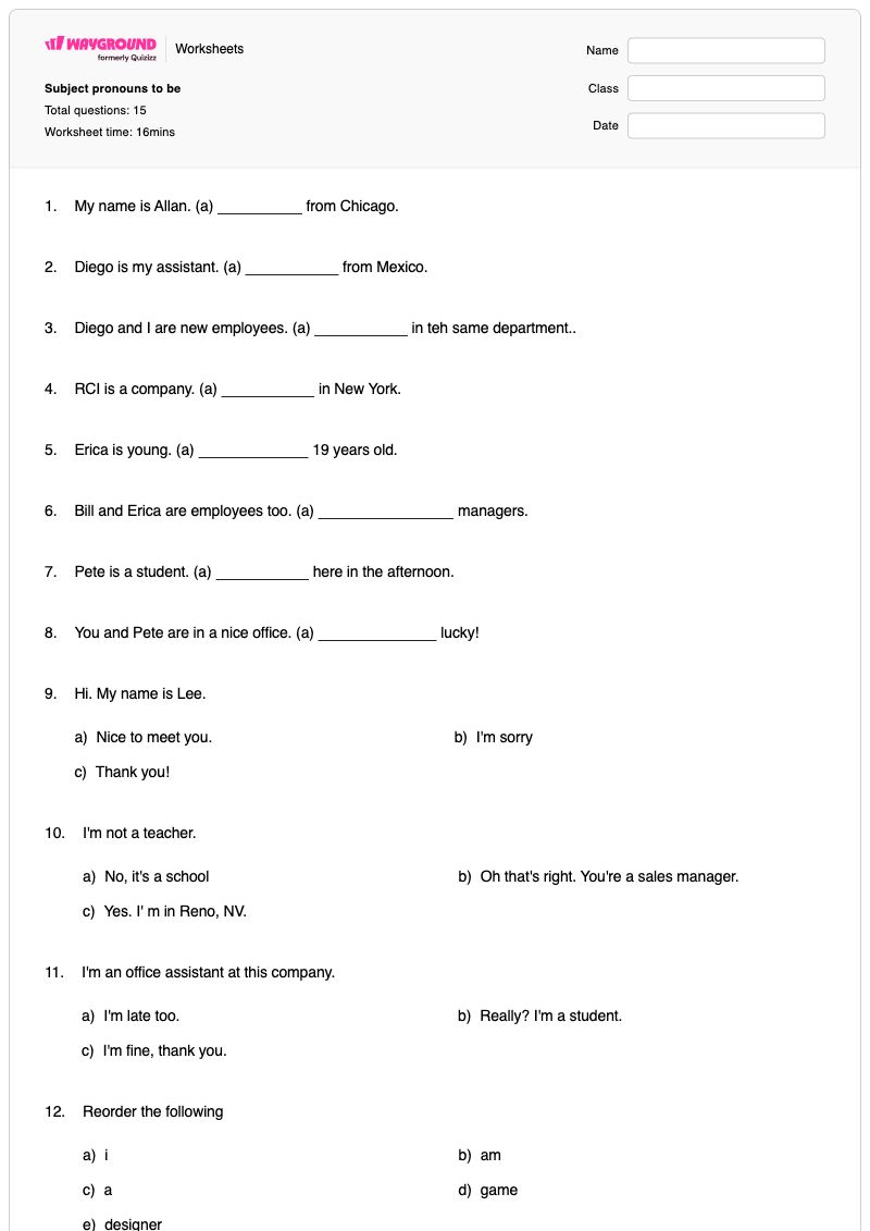Subject pronouns to be - พิมพ์ได้ Subject-complements เวิร์กชีท ระดับ 9 - Wayground