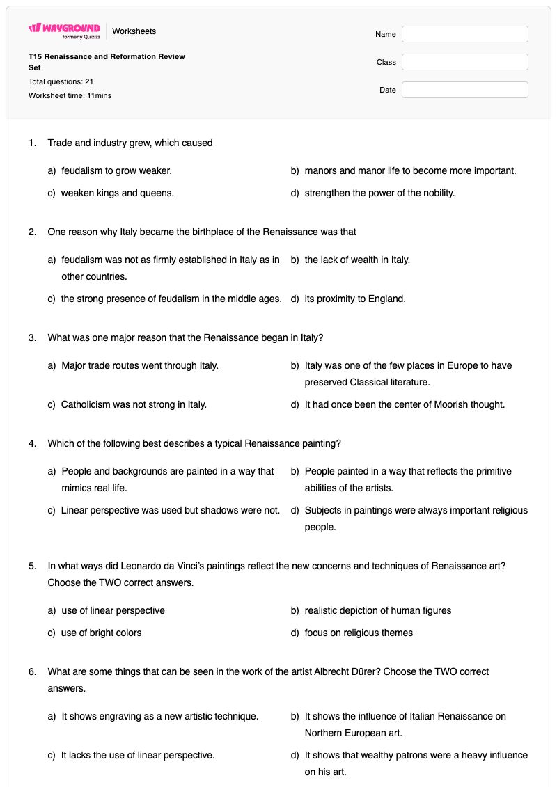 T15 Renaissance and Reformation Review Set - พิมพ์ได้ Books-of-the-bible เวิร์กชีท ระดับ 7 - Wayground