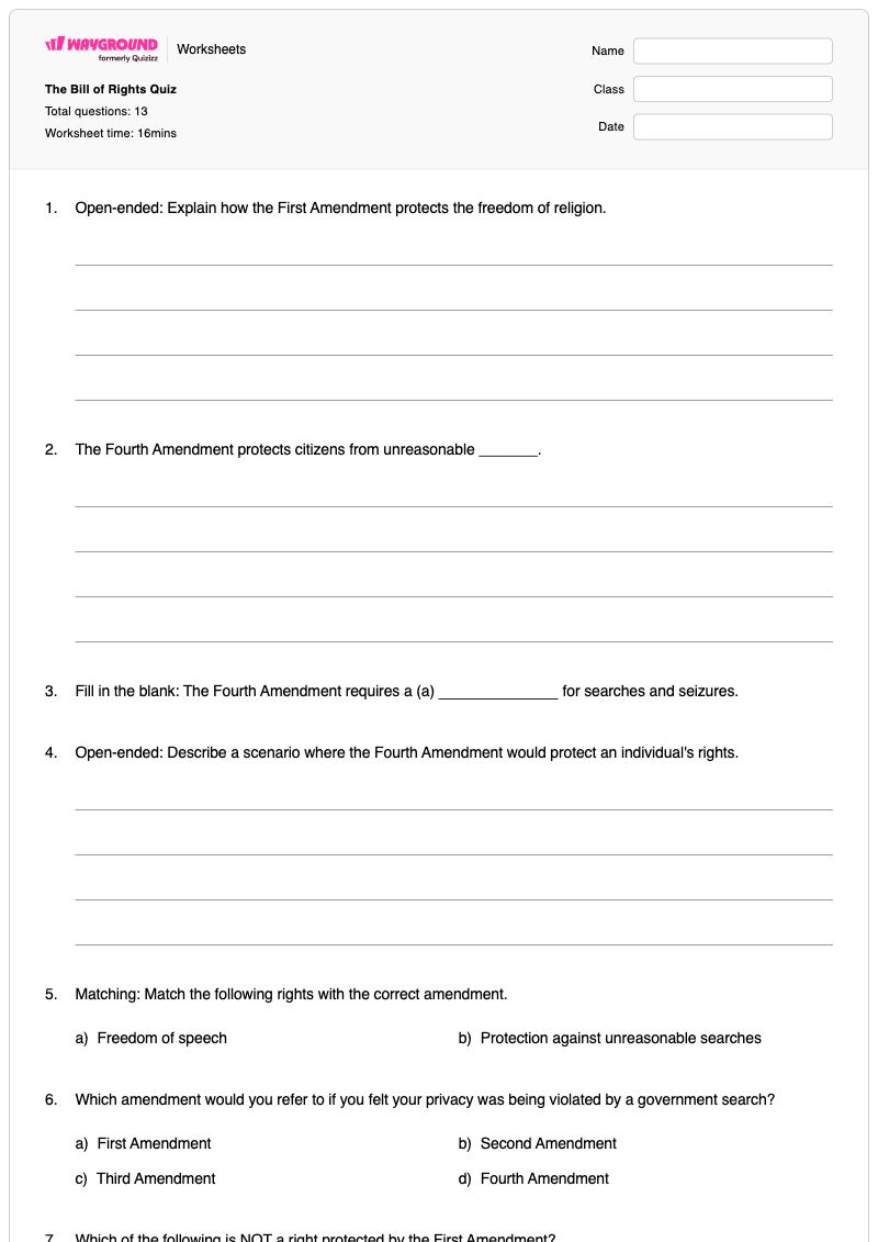 The Bill of Rights Quiz - Imprimible Automonitoreo Hojas-de-trabajo Grado 8 - Wayground