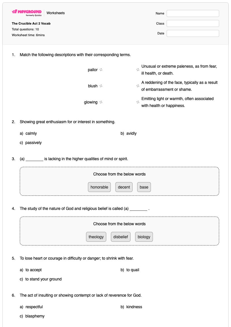 The Crucible Act 2 Vocab - พิมพ์ได้ โครงสร้างสามองก์ เวิร์กชีท ระดับ 11 - Wayground