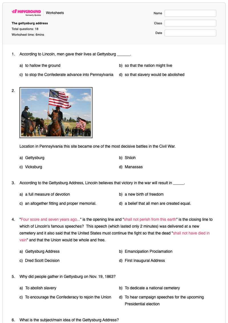 The gettysburg address - พิมพ์ได้ ที่อยู่เกตตี้สเบิร์ก เวิร์กชีท - Wayground