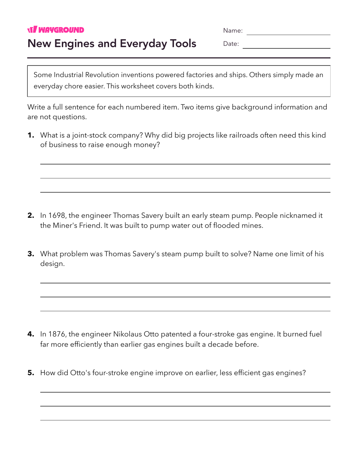 New Engines and Everyday Tools - Printable The-industrial-revolution Worksheets Class 8 - Wayground