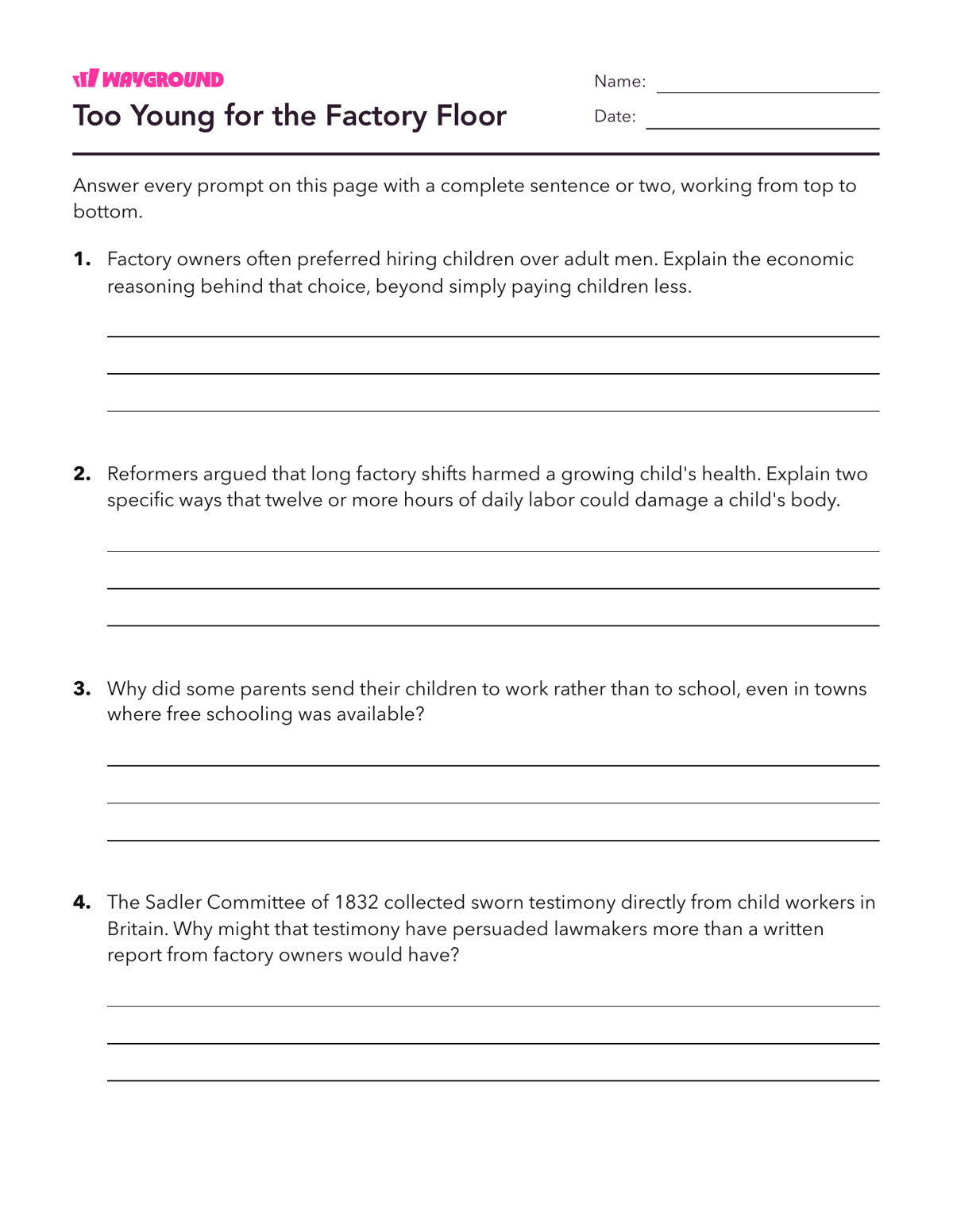 Too Young for the Factory Floor - Printable The-industrial-revolution Worksheets Class 8 - Wayground