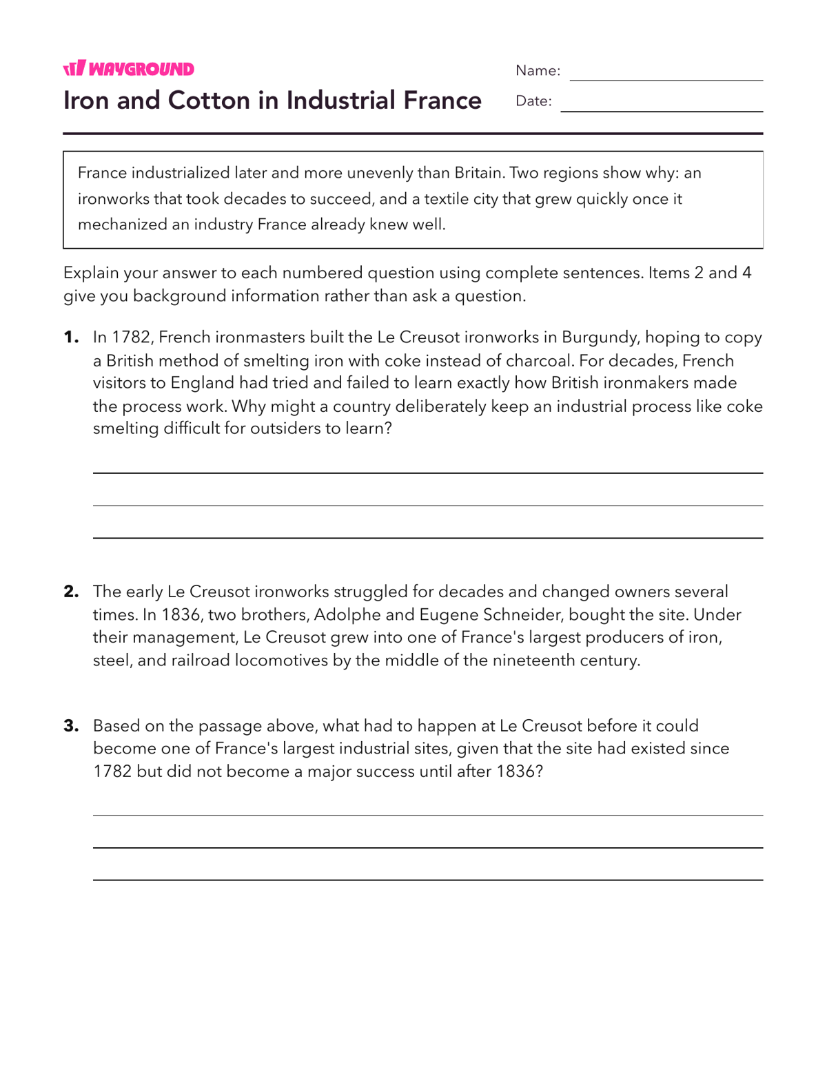Iron and Cotton in Industrial France - Printable The-industrial-revolution Worksheets Class 9 - Wayground