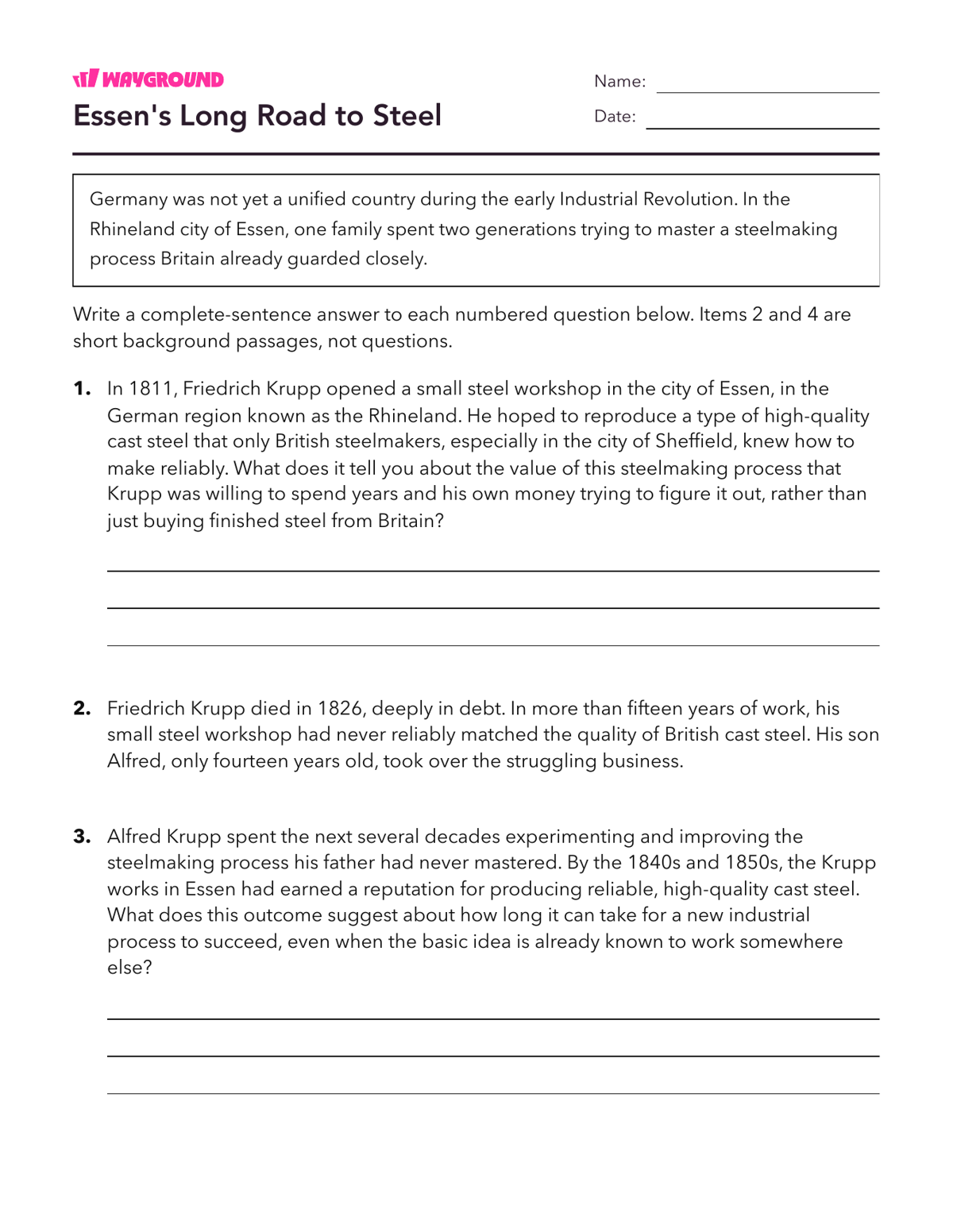 Essen's Long Road to Steel - Printable The-industrial-revolution Worksheets Class 9 - Wayground