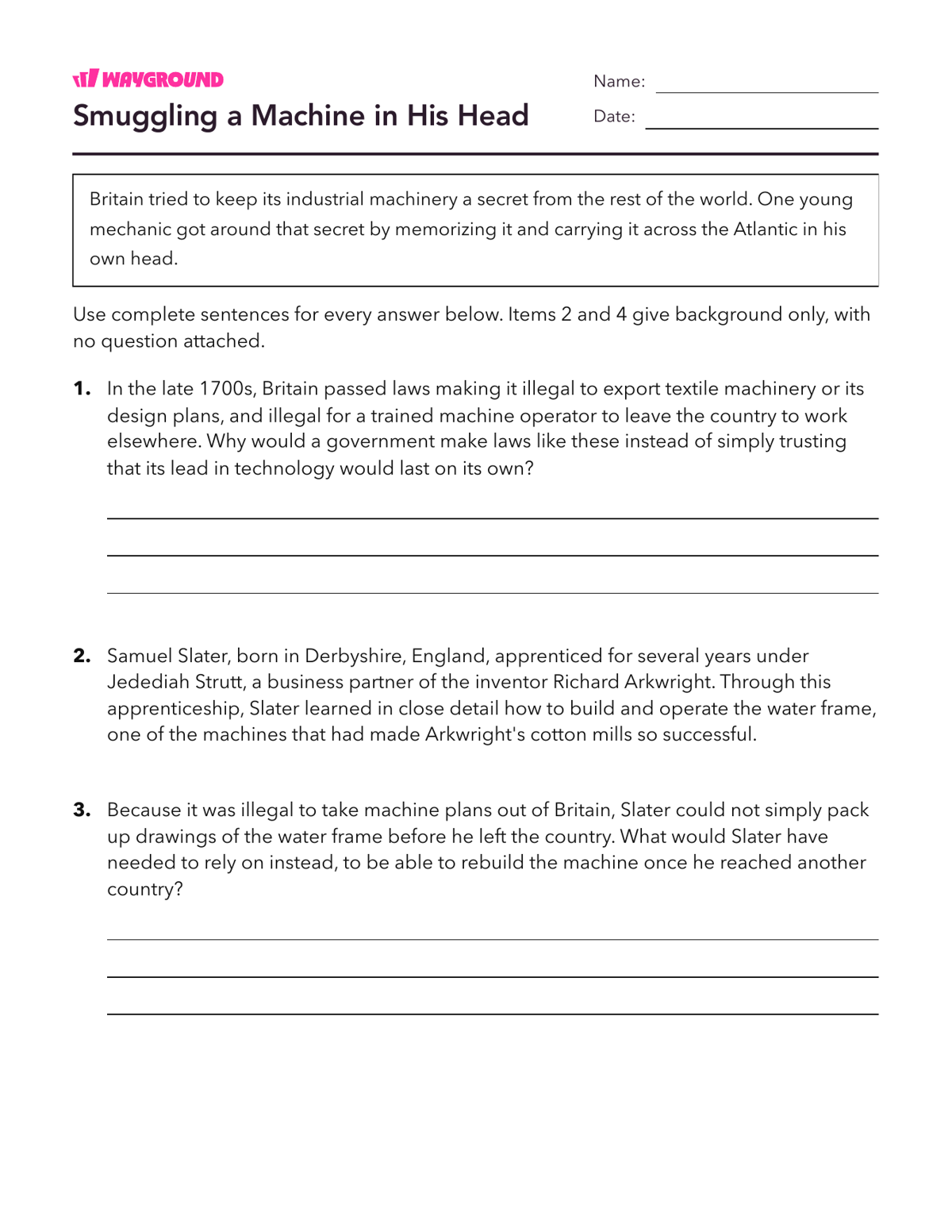 Smuggling a Machine in His Head - Printable The-industrial-revolution Worksheets Class 9 - Wayground