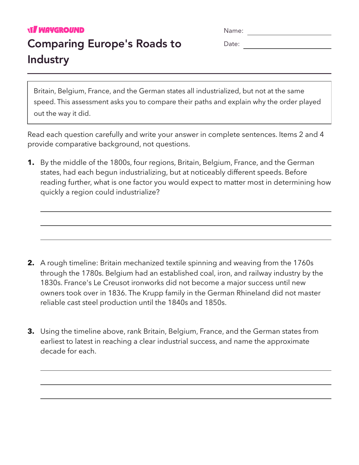 Comparing Europe's Roads to Industry - Printable The-industrial-revolution Worksheets Class 9 - Wayground