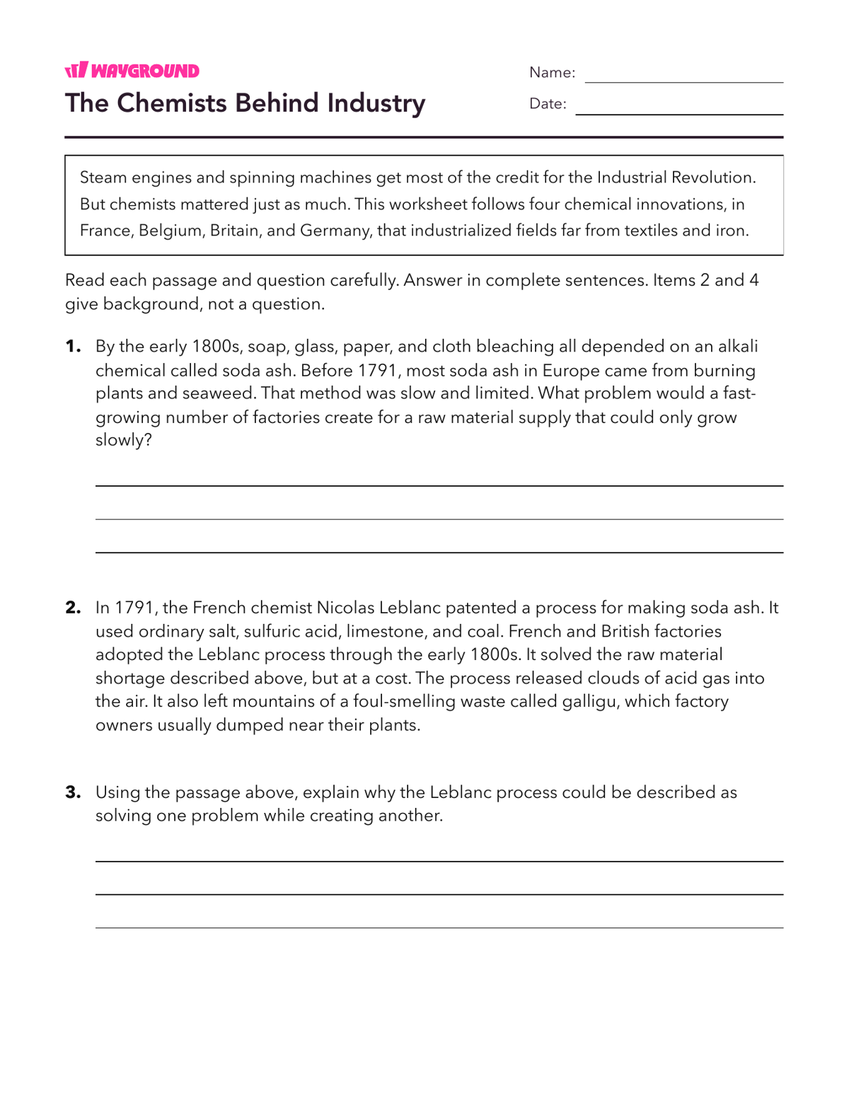 The Chemists Behind Industry - Printable The-industrial-revolution Worksheets Class 9 - Wayground