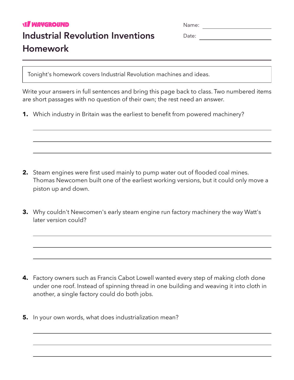 Industrial Revolution Inventions Homework - Printable The-industrial-revolution Worksheets - Wayground