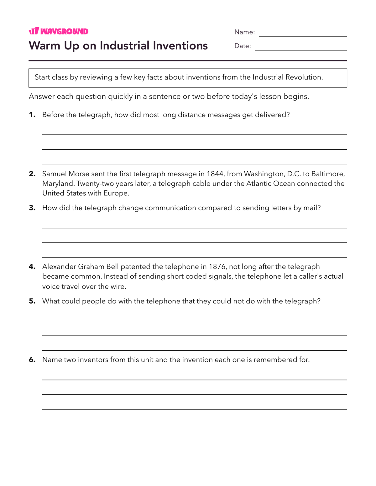 Warm Up on Industrial Inventions - Printable The-industrial-revolution Worksheets - Wayground