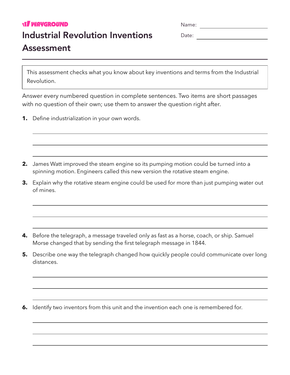 Industrial Revolution Inventions Assessment - Printable The-industrial-revolution Worksheets - Wayground