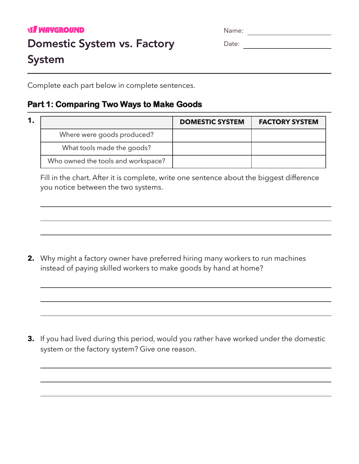 Domestic System vs. Factory System - Printable The-industrial-revolution Worksheets - Wayground