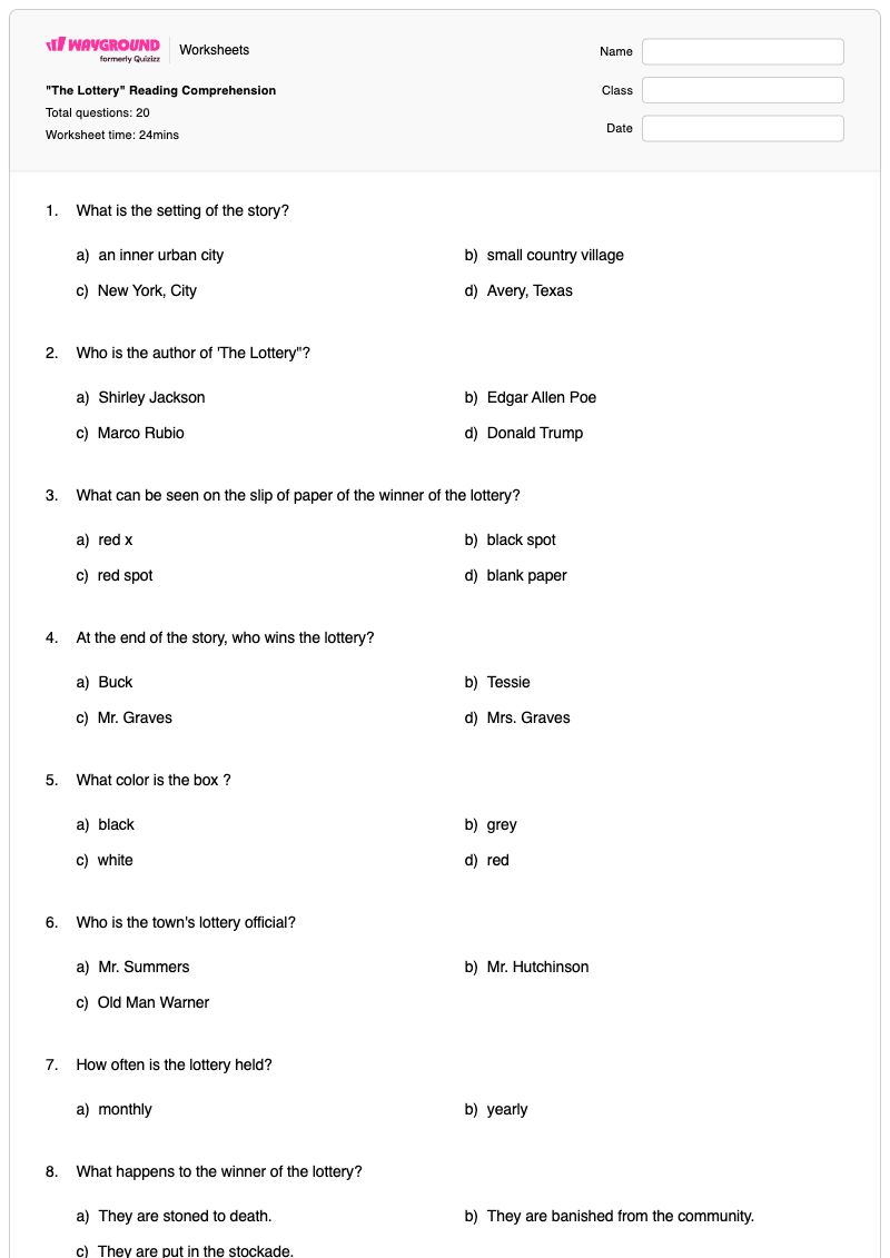 "The Lottery" Reading Comprehension - พิมพ์ได้ กลยุทธ์การอ่านเพื่อความเข้าใจ เวิร์กชีท ระดับ 7 - Wayground