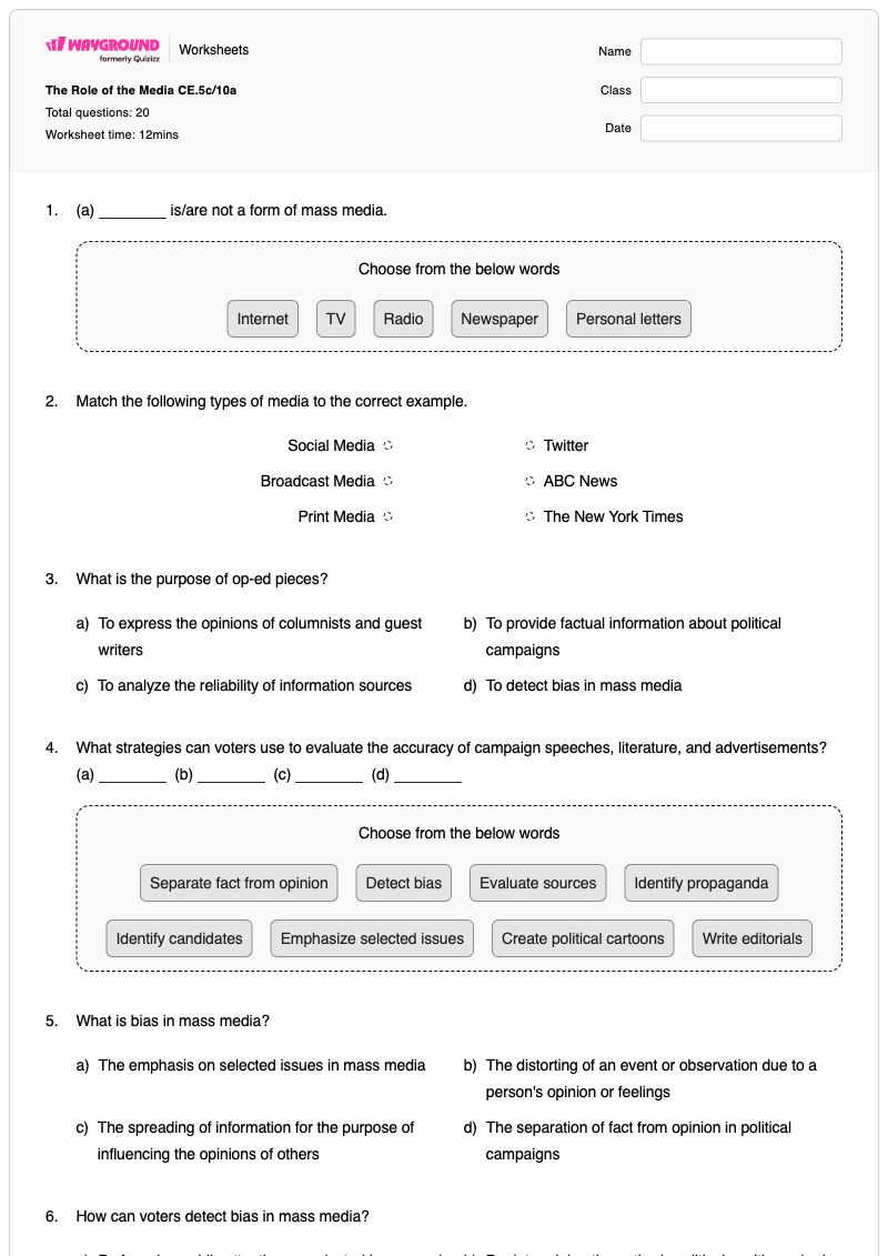 The Role of the Media CE.5c/10a - พิมพ์ได้ Analyzing-political-cartoons เวิร์กชีท ระดับ 6 - Wayground