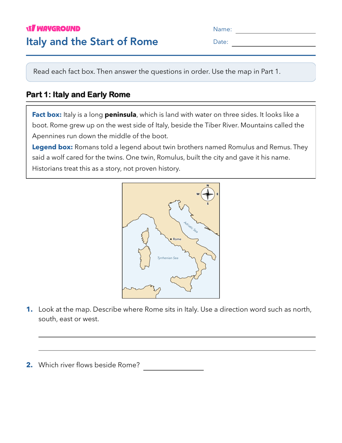 Italy and the Start of Rome - Printable The-roman-republic Worksheets Class 5 - Wayground