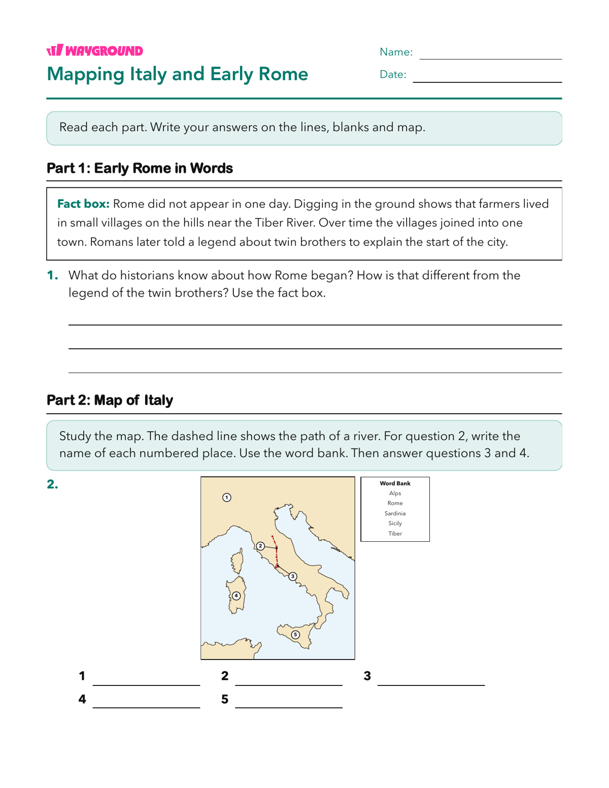 Mapping Italy and Early Rome - Printable The-roman-republic Worksheets Class 5 - Wayground