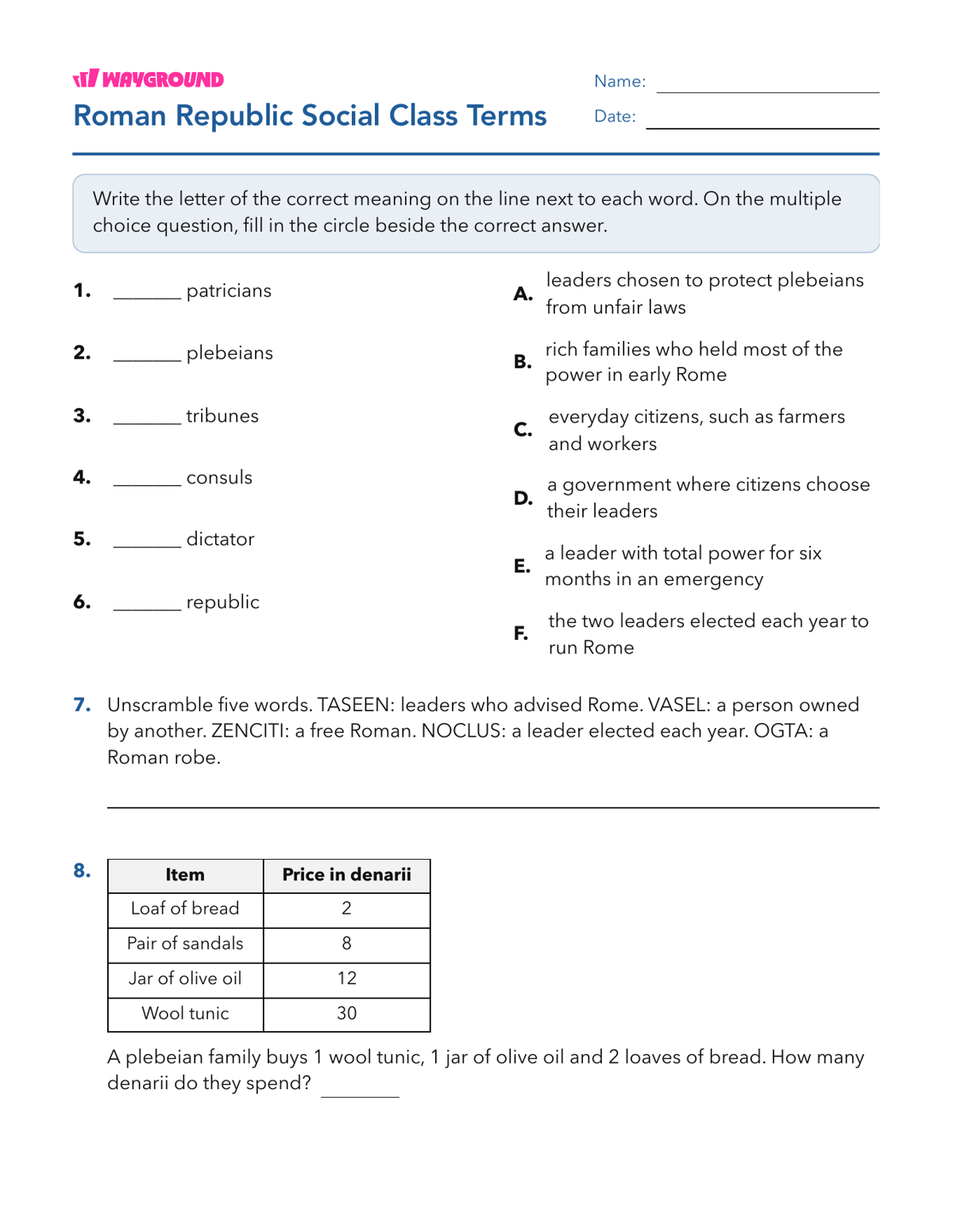 Roman Republic Social Class Terms - Printable The-roman-republic Worksheets Class 5 - Wayground
