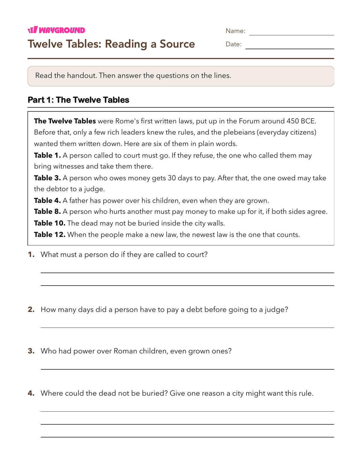 Twelve Tables: Reading a Source - Printable The-roman-republic Worksheets Class 5 - Wayground