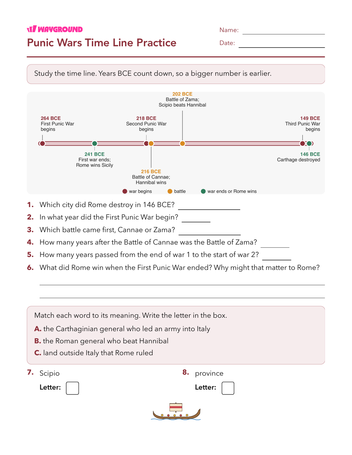 Punic Wars Time Line Practice - Printable The-roman-republic Worksheets Class 5 - Wayground