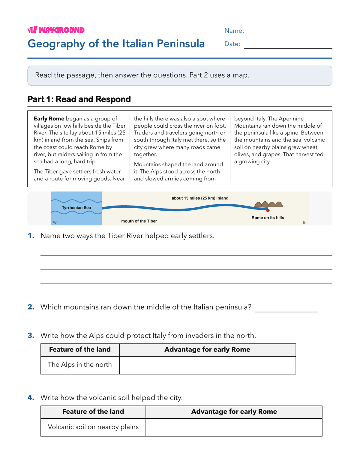 Geography of the Italian Peninsula - Printable The-roman-republic Worksheets Class 7 - Wayground