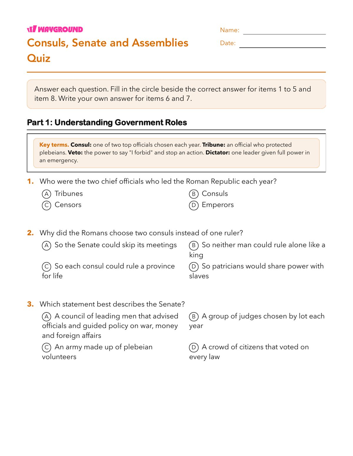 Consuls, Senate and Assemblies Quiz - Printable The-roman-republic Worksheets Class 7 - Wayground