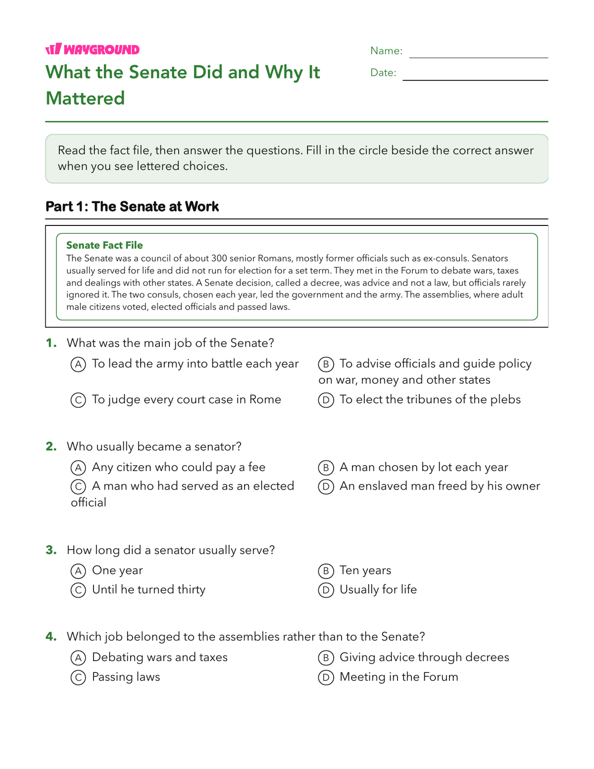 What the Senate Did and Why It Mattered - Printable The-roman-republic Worksheets Class 7 - Wayground