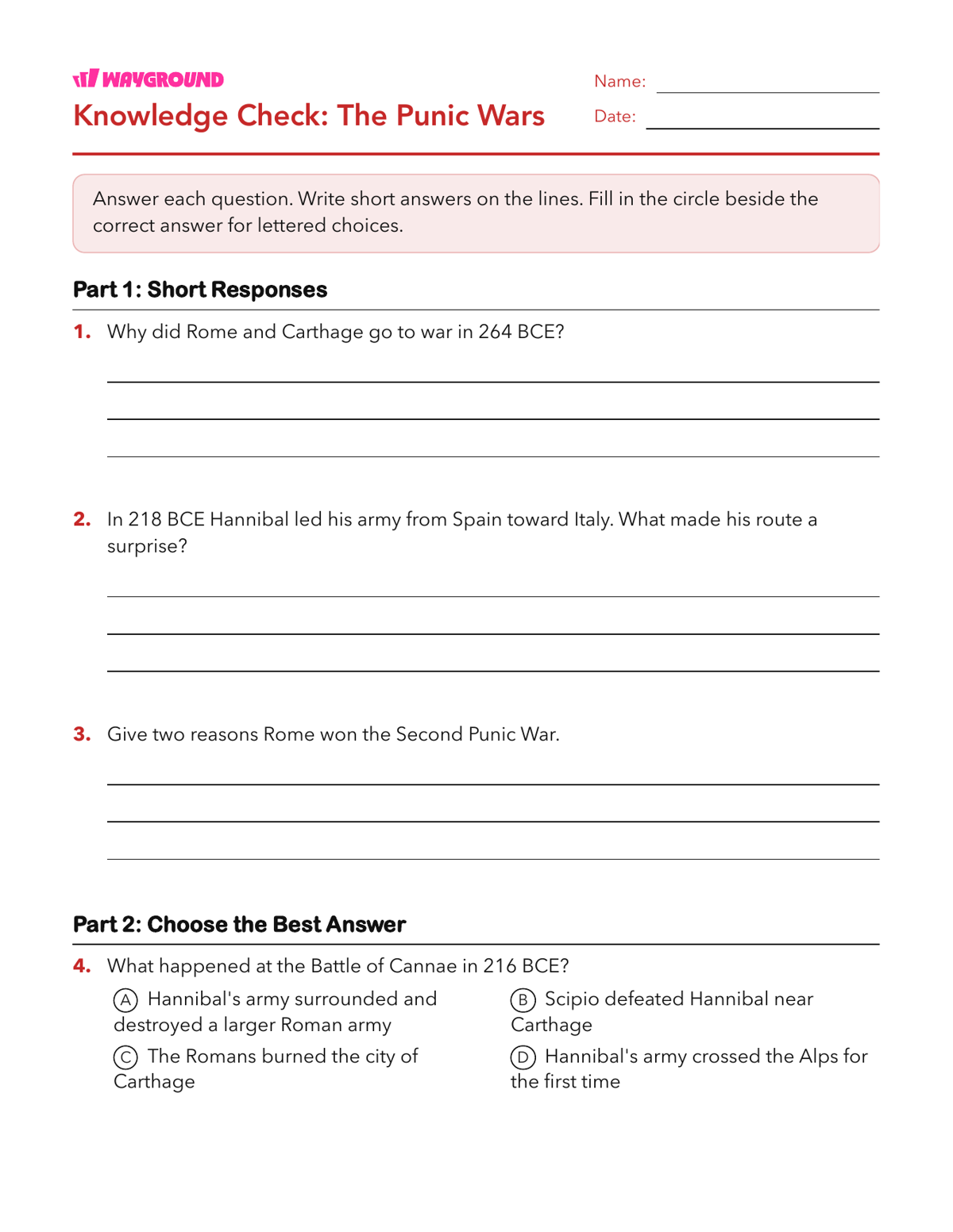 Knowledge Check: The Punic Wars - Printable The-roman-republic Worksheets Class 7 - Wayground