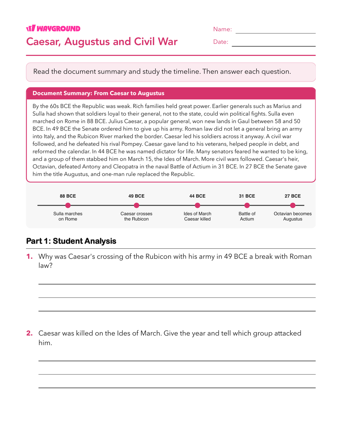 Caesar, Augustus and Civil War - Printable The-roman-republic Worksheets Class 7 - Wayground