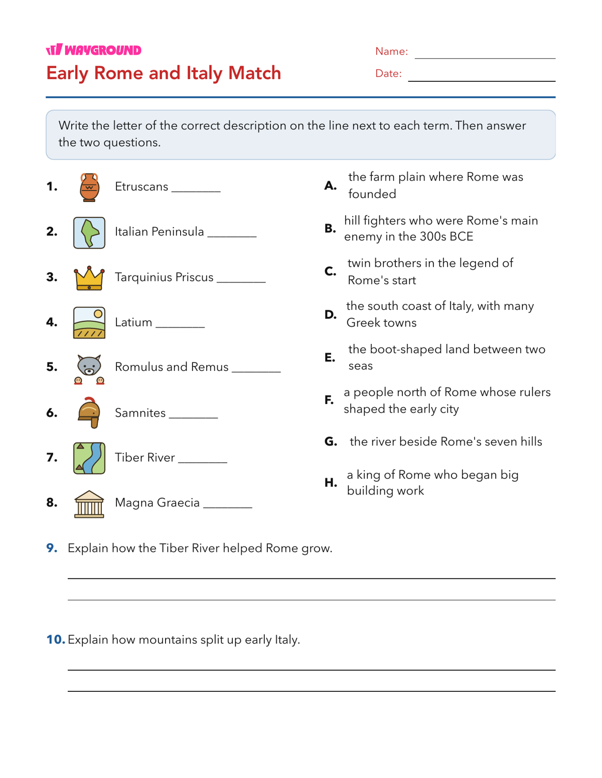 Early Rome and Italy Match - Printable The-roman-republic Worksheets Class 8 - Wayground