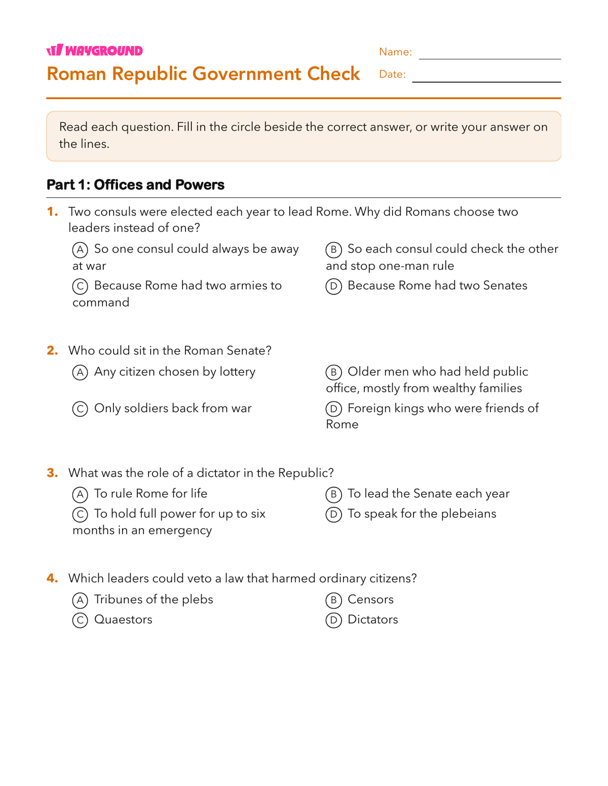 Roman Republic Government Check - Printable The-roman-republic Worksheets Class 8 - Wayground