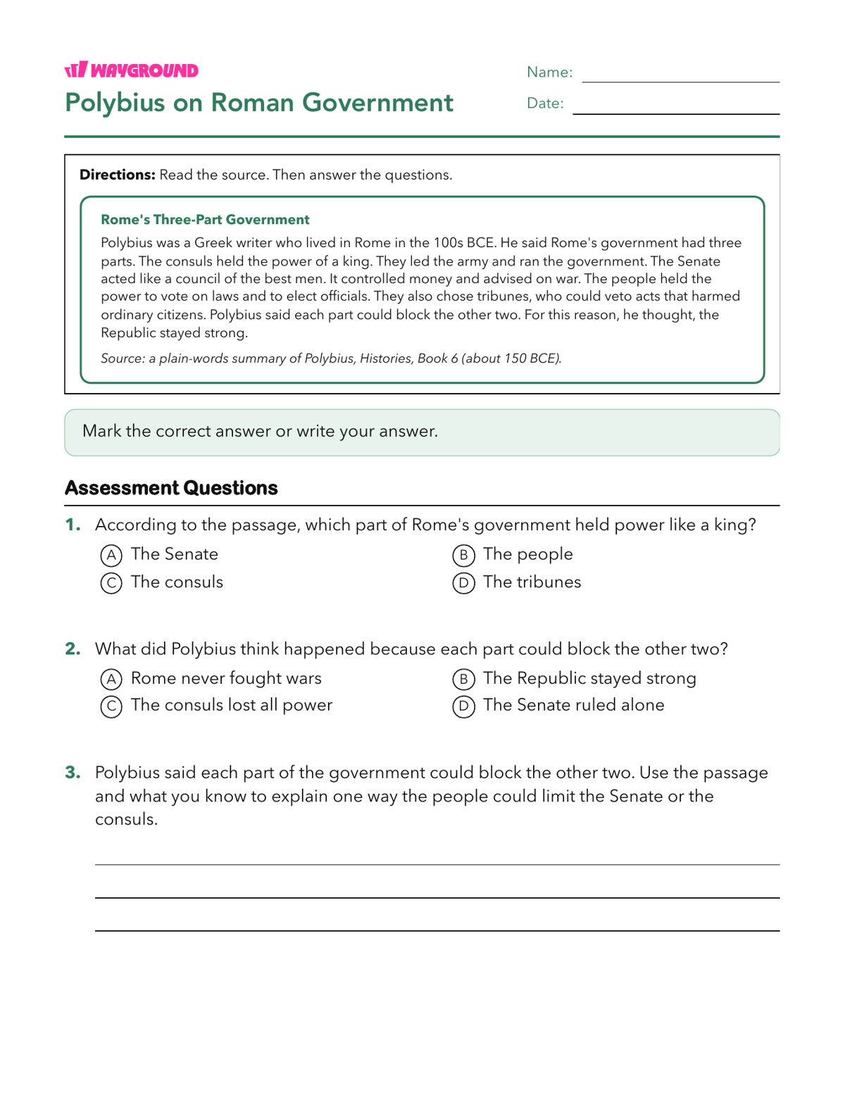 Polybius on Roman Government - Printable The-roman-republic Worksheets Class 8 - Wayground
