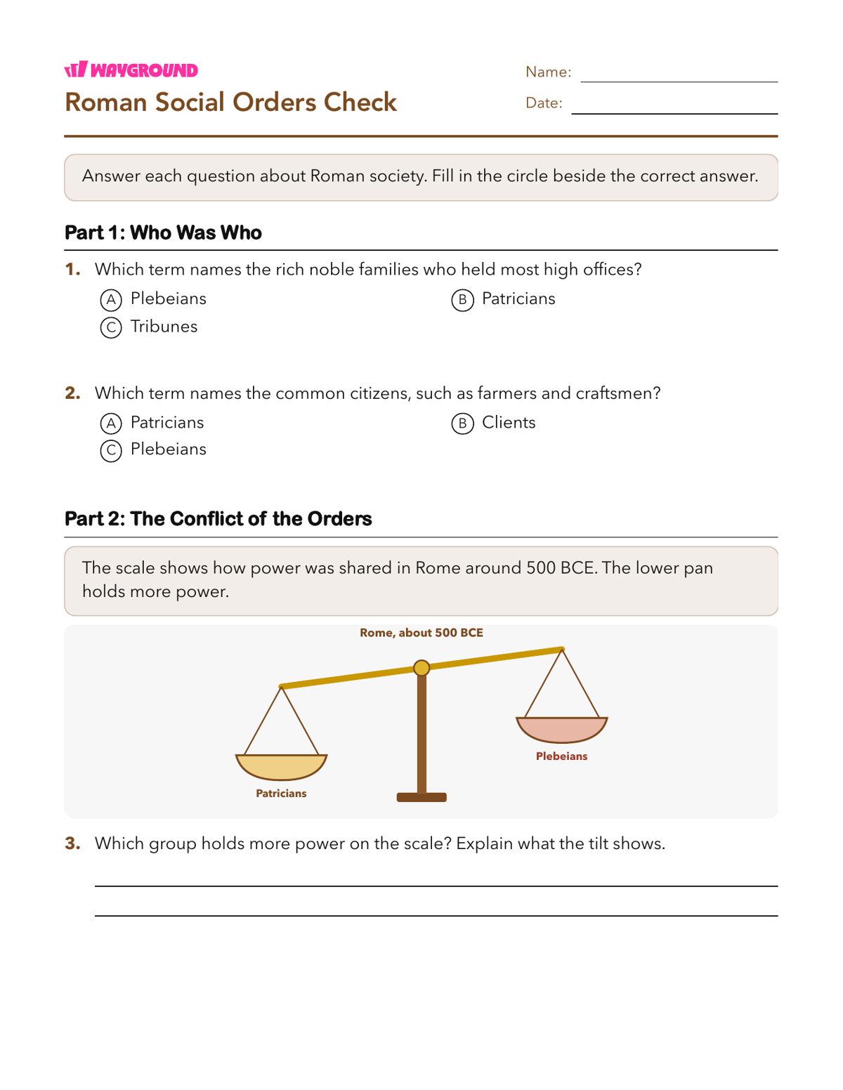 Roman Social Orders Check - Printable The-roman-republic Worksheets Class 8 - Wayground