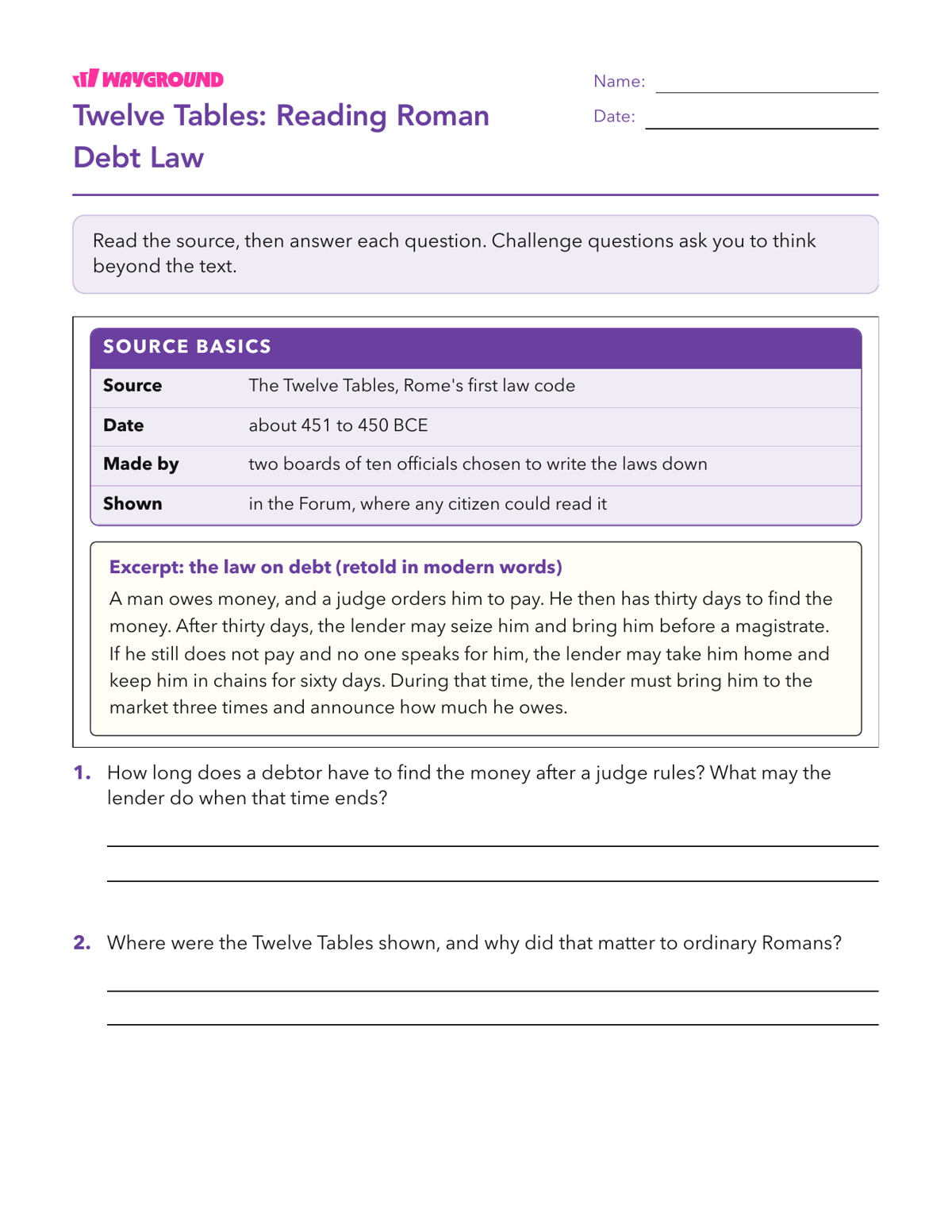 Twelve Tables: Reading Roman Debt Law - Printable The-roman-republic Worksheets Class 8 - Wayground