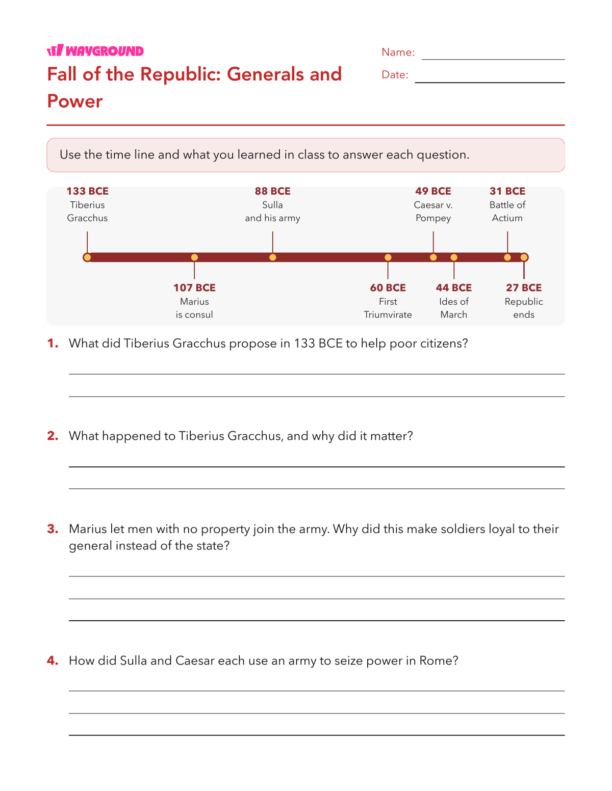 Fall of the Republic: Generals and Power - Printable The-roman-republic Worksheets Class 8 - Wayground