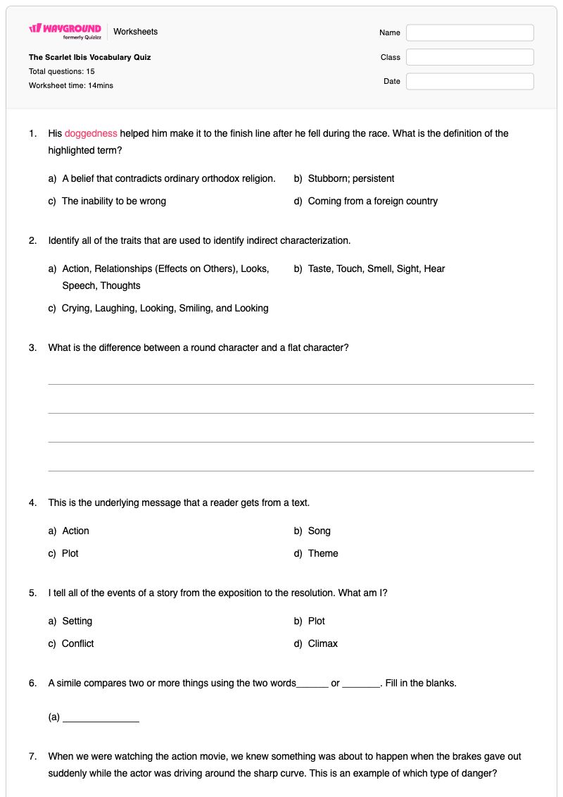 The Scarlet Ibis Vocabulary Quiz - พิมพ์ได้ Language-and-vocabulary เวิร์กชีท ระดับ 9 - Wayground