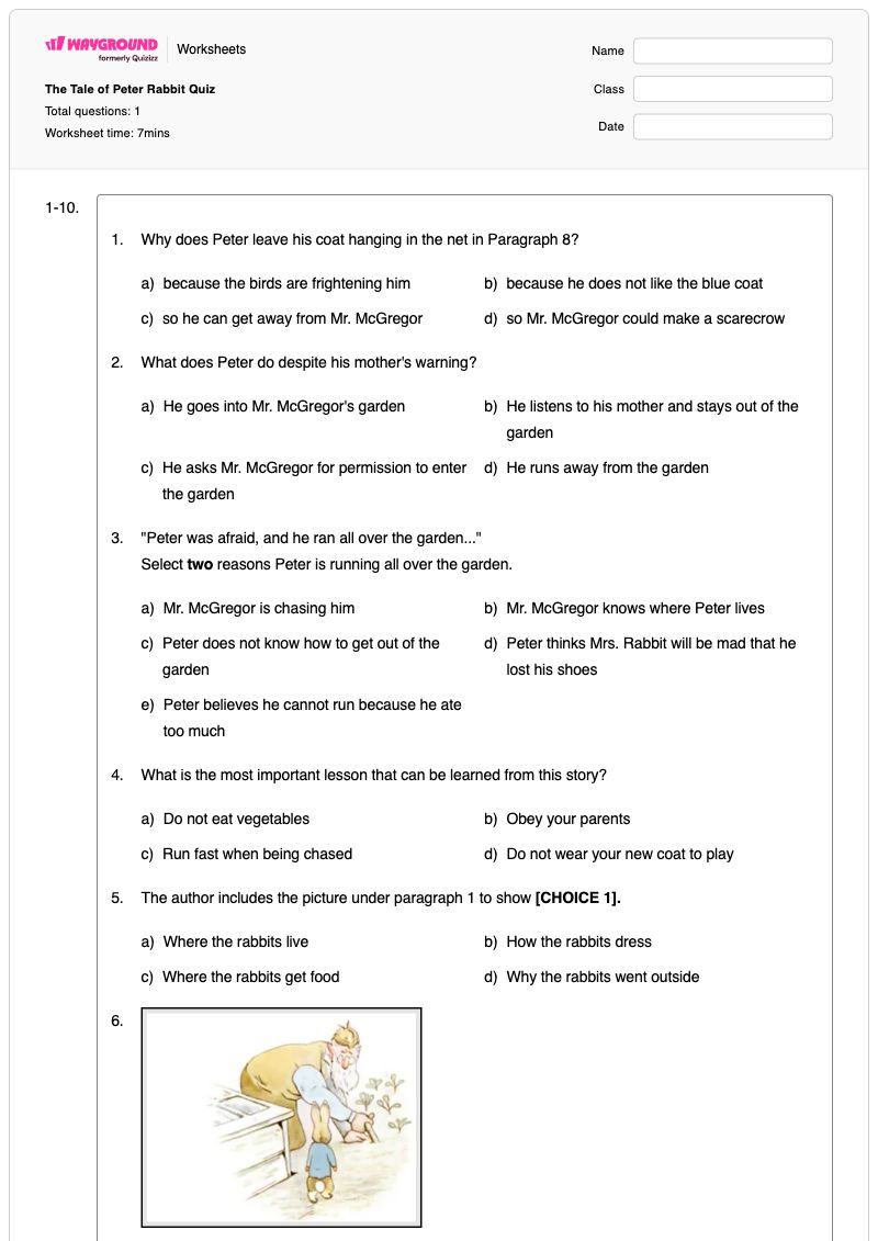 The Tale of Peter Rabbit Quiz - พิมพ์ได้ การตรวจสอบโดยผู้เชี่ยวชาญ เวิร์กชีท ระดับ 4 - Wayground