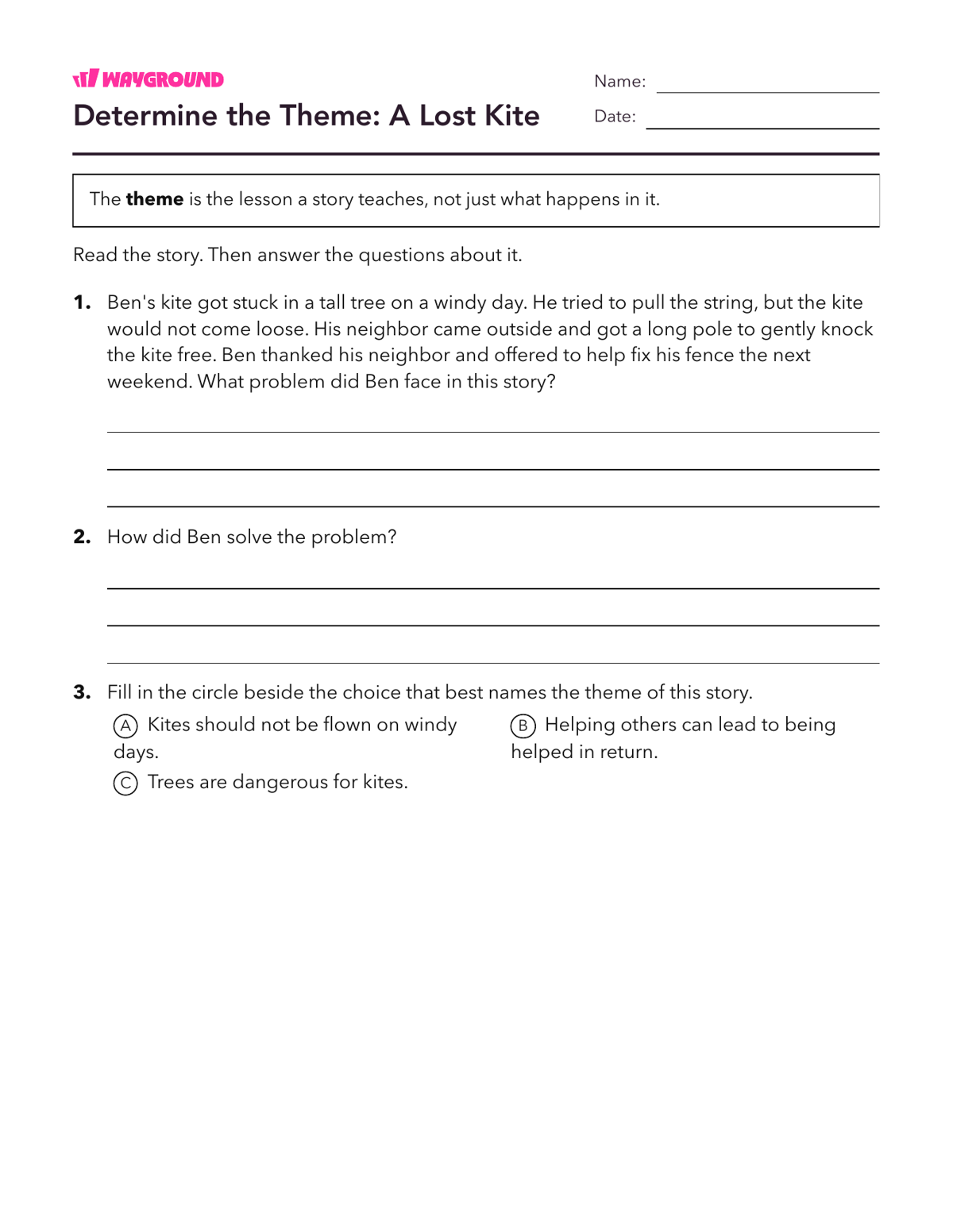 Determine the Theme: A Lost Kite - Dapat dicetak Tema Lembar-kerja Kelas 3 - Wayground