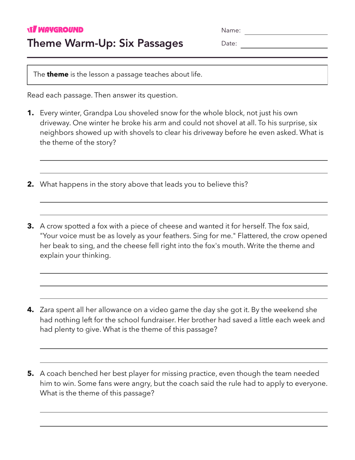 Theme Warm-Up: Six Passages - Dapat dicetak Tema Lembar-kerja Kelas 4 - Wayground