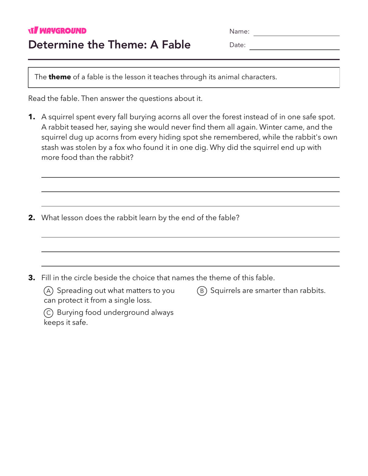 Determine the Theme: A Fable - Dapat dicetak Tema Lembar-kerja Kelas 4 - Wayground