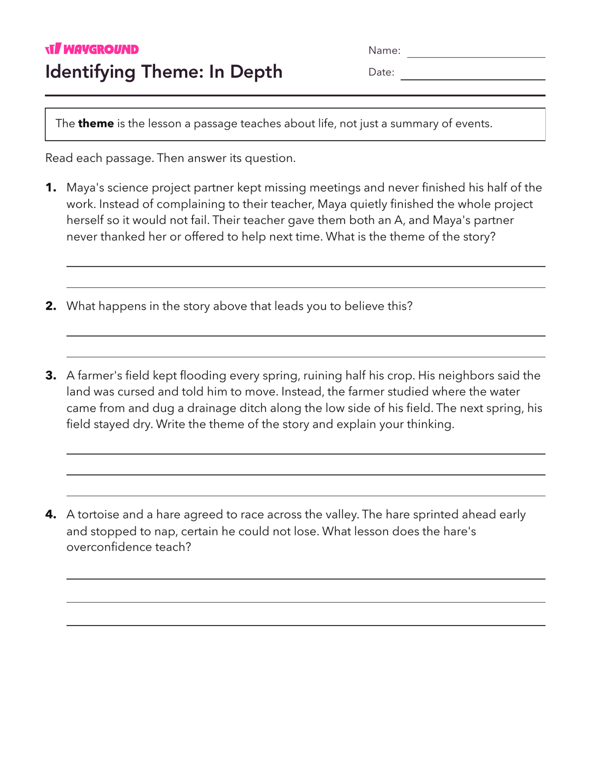 Identifying Theme: In Depth - Dapat dicetak Tema Lembar-kerja Kelas 5 - Wayground