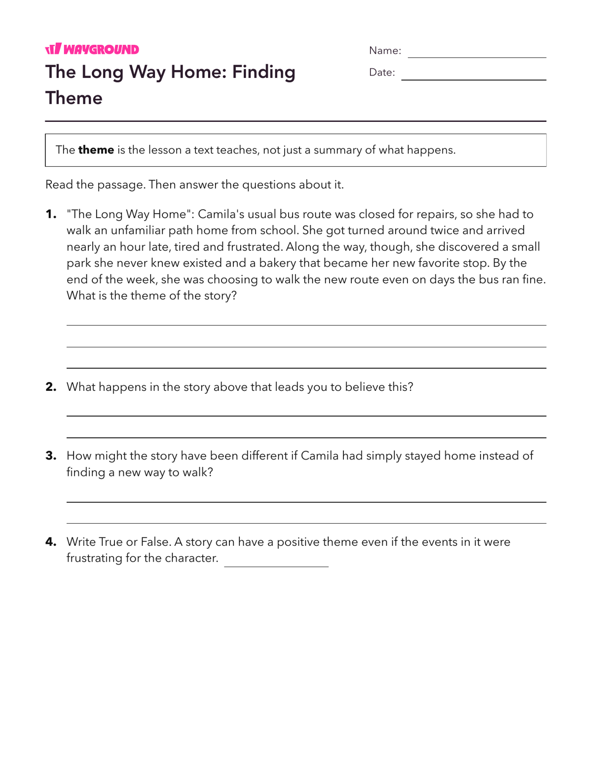The Long Way Home: Finding Theme - Dapat dicetak Tema Lembar-kerja Kelas 5 - Wayground