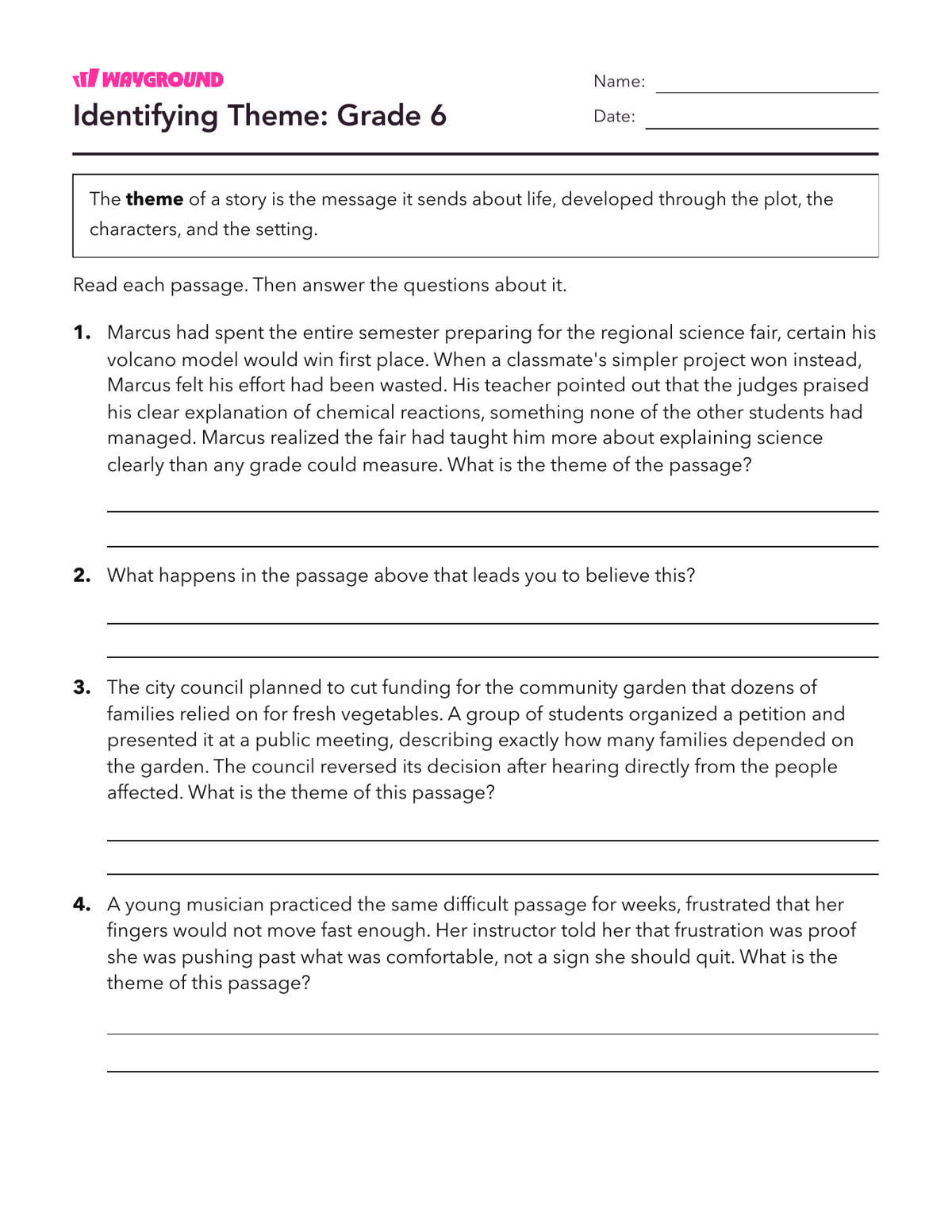Identifying Theme: Grade 6 - Printable Themes Worksheets Year 6 - Wayground