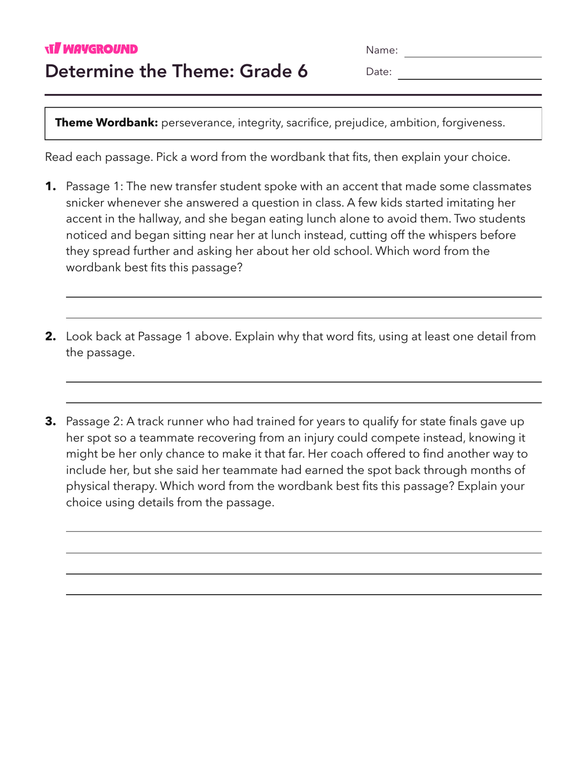 Determine the Theme: Grade 6 - Printable Themes Worksheets Year 6 - Wayground